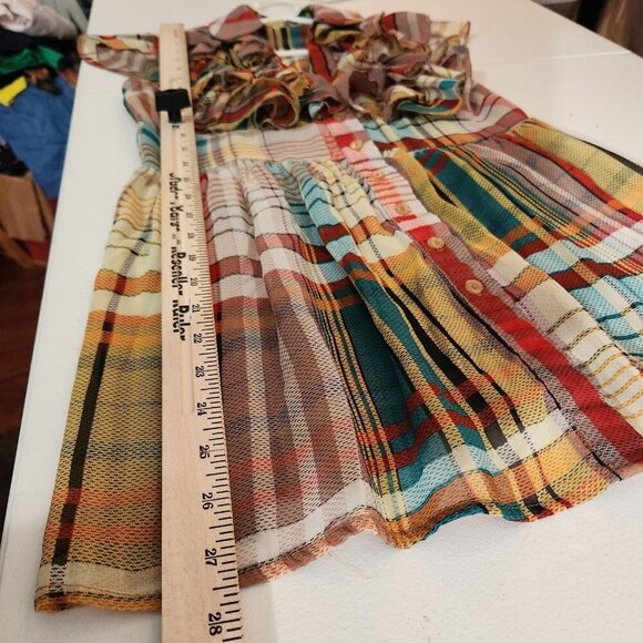 Agaci Plaid Ruffle Blouse Womens Small Multicolor Sheer Button Top Boho Style S - Picture 6 of 11